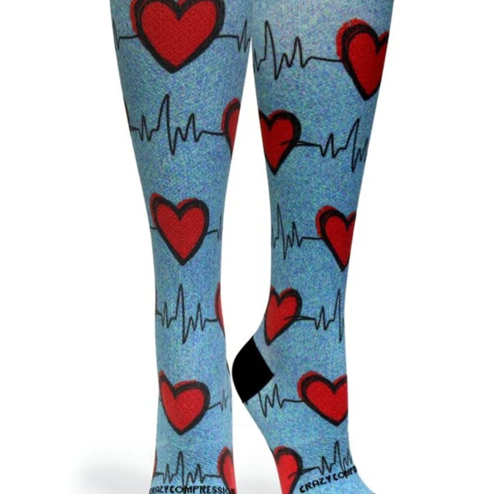 Crazy Compression Women Blue Heart EKG Heartbeat Graduated Compression Socks NEW